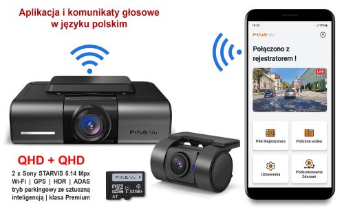 Kamera samochodowa klasy Premium 2.5K QHD+QHD 128GB z inteligentnym trybem parkingowym Ai, wykrywaniem ruchu, Wi-Fi, GPS i bazą fotoradarów FineVu GX1000